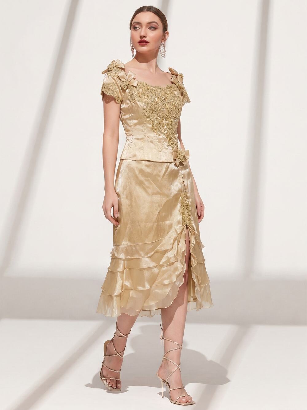 Rose Taft Couture Vintage Gold Shimmer Corset Bodice Fairy Princess Formal Dress
